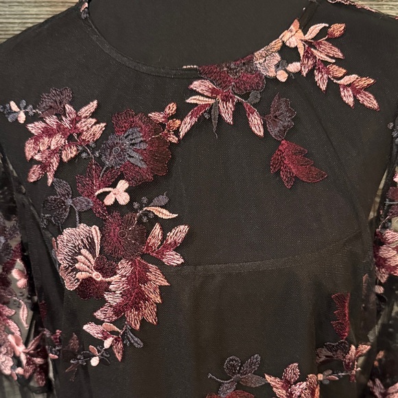 White House Black Market Black and Burgundy Floral Long Shear Sleeve Dress - Picture 2 of 6